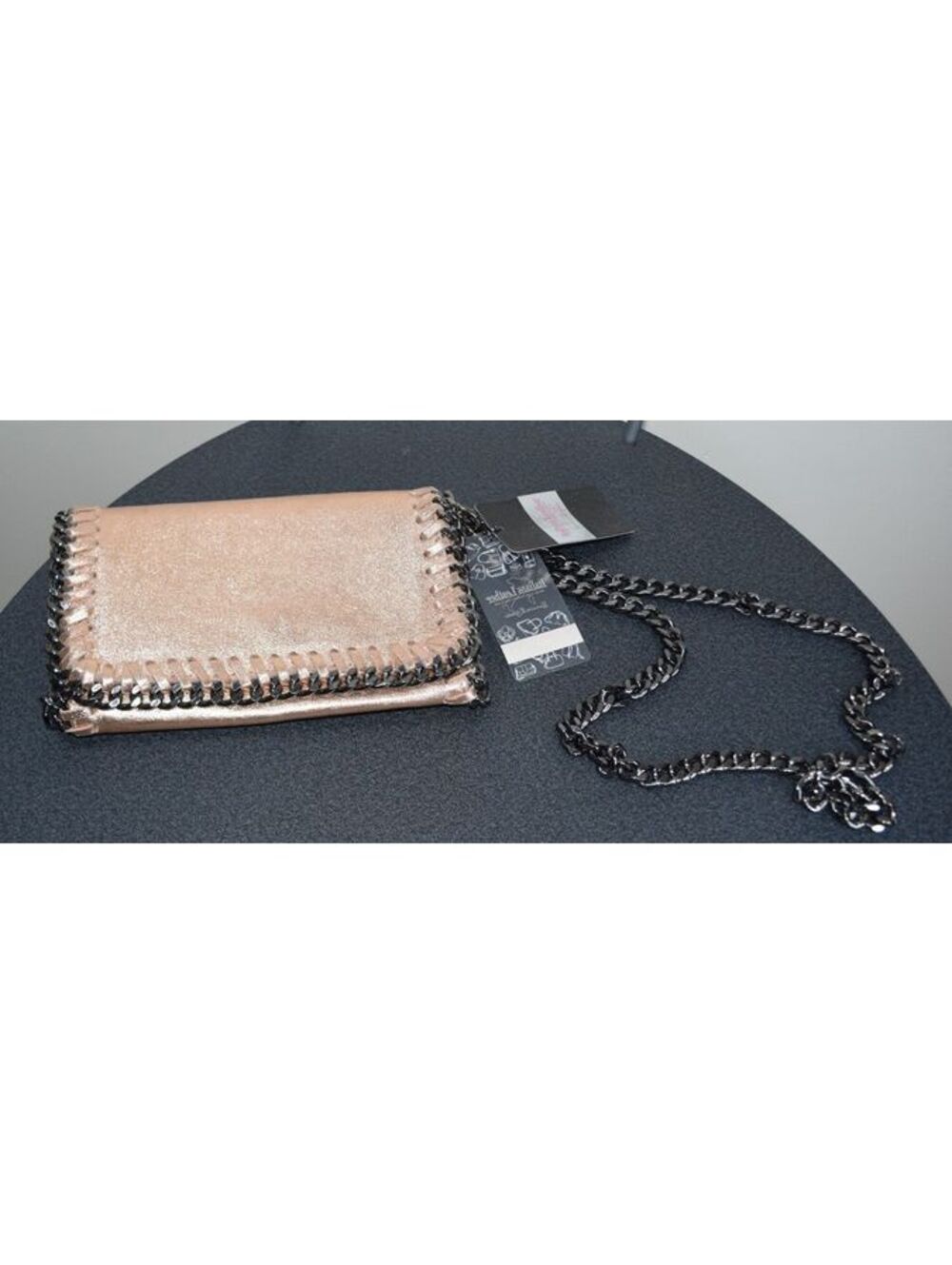 Italian Leather Rose Gold Metallic Italian Leather Bag Chain Whipstitch Trim NWT